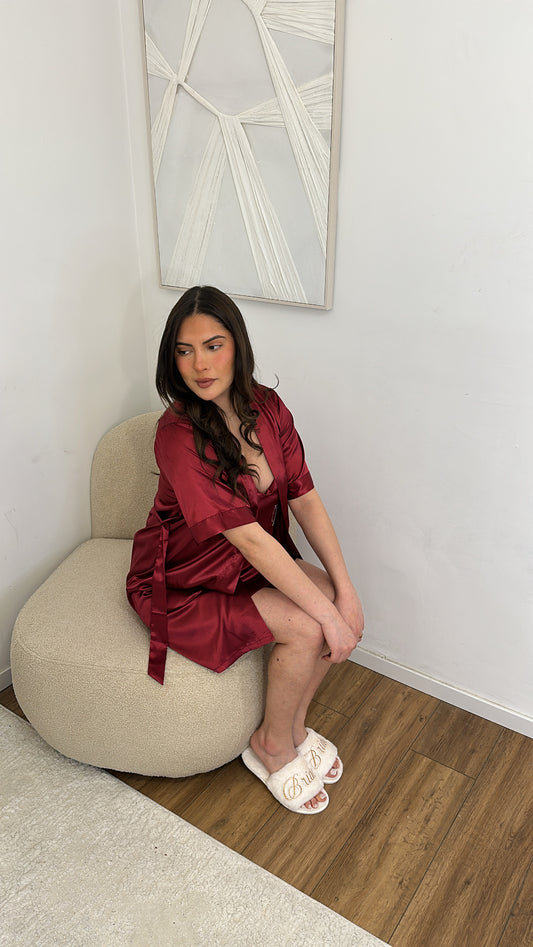 Peignoir + nuisette satiné bordeaux personnalisé