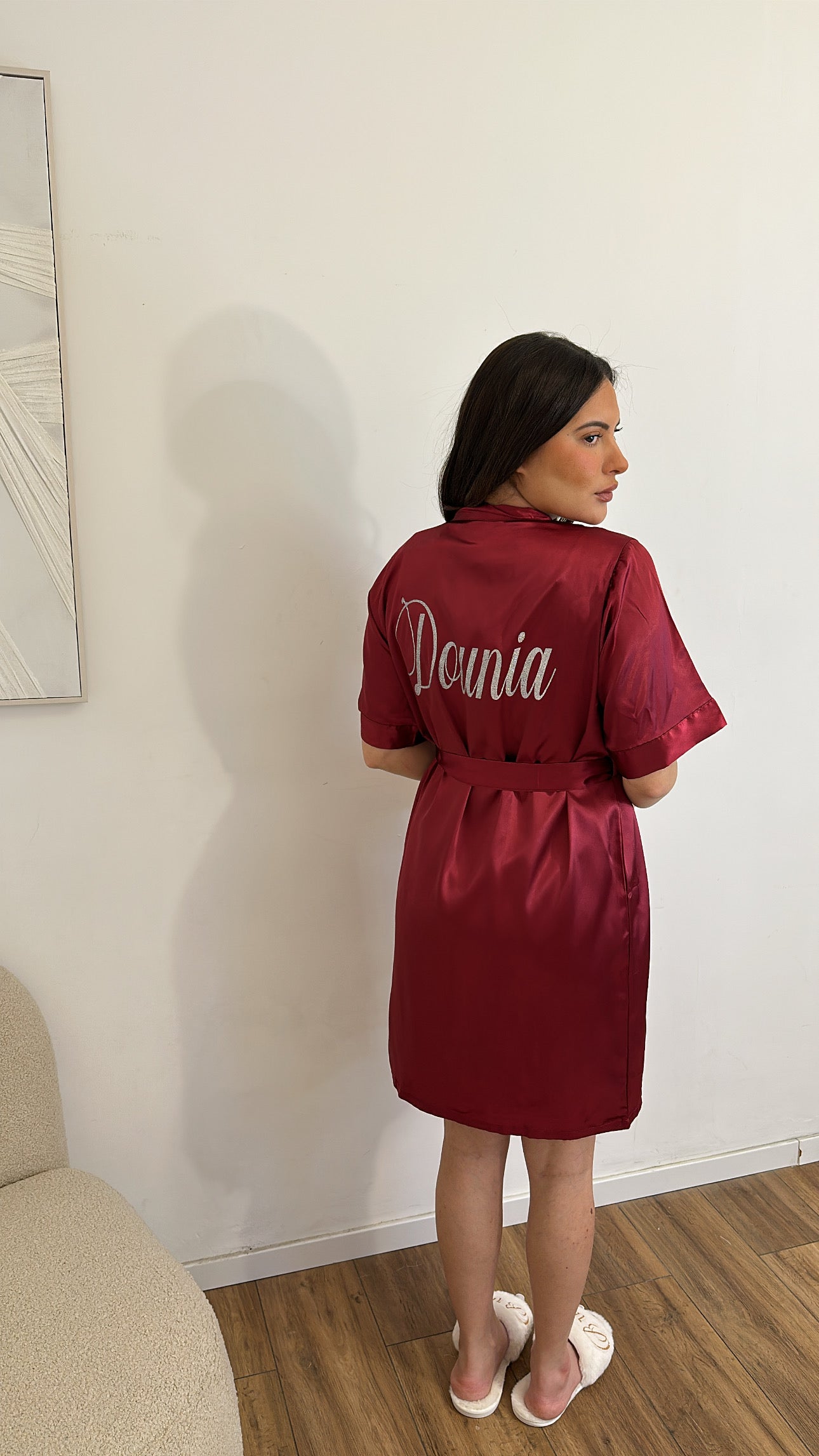Peignoir + nuisette satiné bordeaux personnalisé