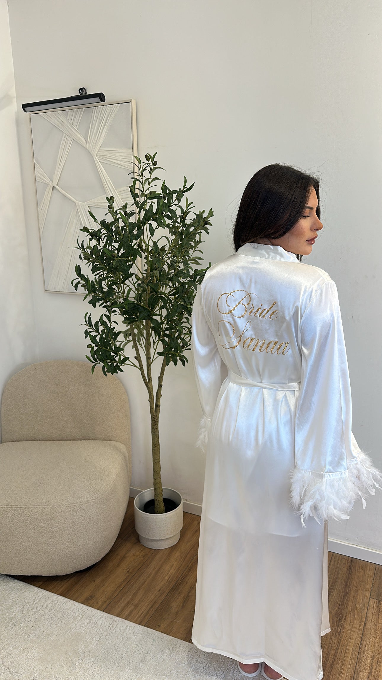 Peignoir bride satiné à plumes premium