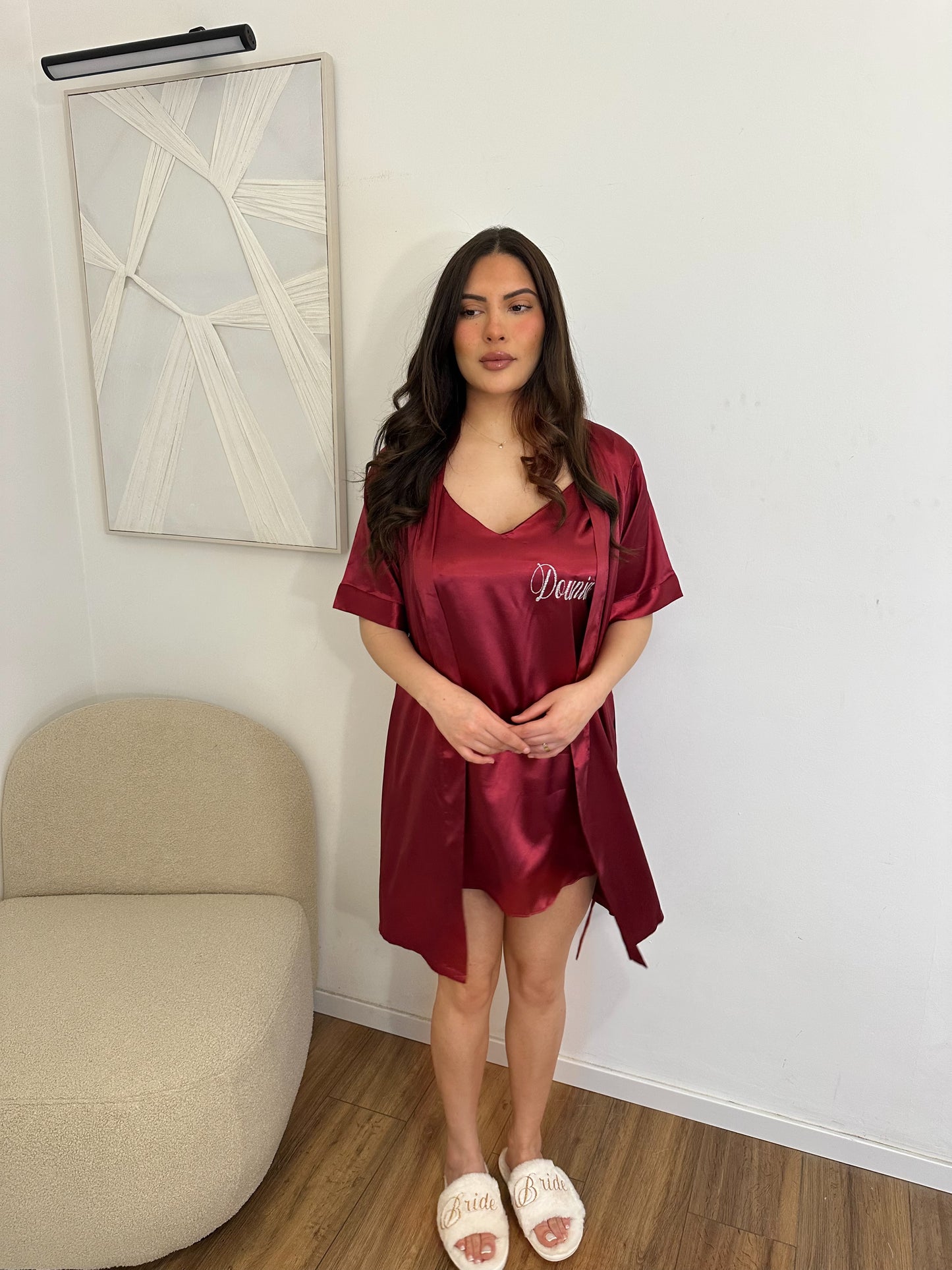 Peignoir + nuisette satiné bordeaux personnalisé