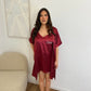 Peignoir + nuisette satiné bordeaux personnalisé
